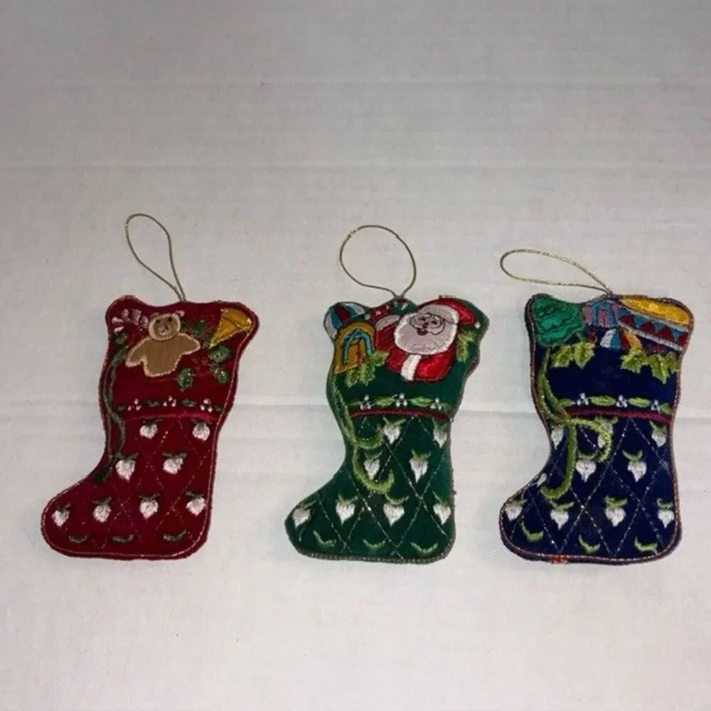 Lot of 3 Vintage Embroidered Applique Velvet Stocking Christmas Ornaments